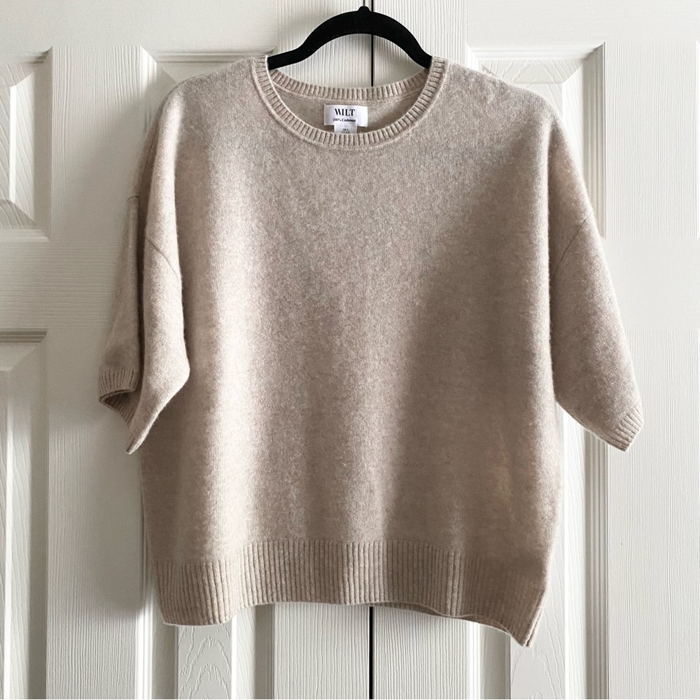 WILT BRUSHED CASHMERE CREW NECK SHORT SLEEVE SWEATER TOP NEUTRAL Beige L